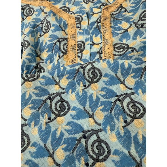 Boho Chic Blue Floral Lace Trim Cap‎ Sleeve Top Women's M Vintage - Picture 3 of 9